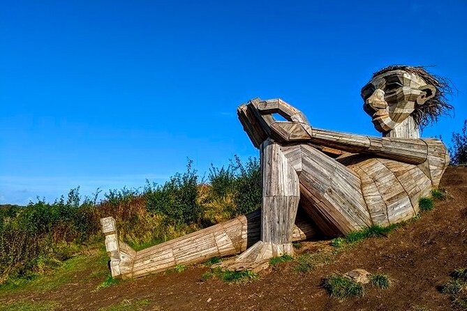 The Six Forgotten Giants Trolls Hunt with Minibus - Taastrup Teddy friendly: local scrapwood and a water crossing pose